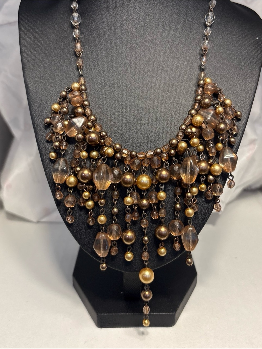Statement Beaded Fringe Necklace in Bronze and Champagne